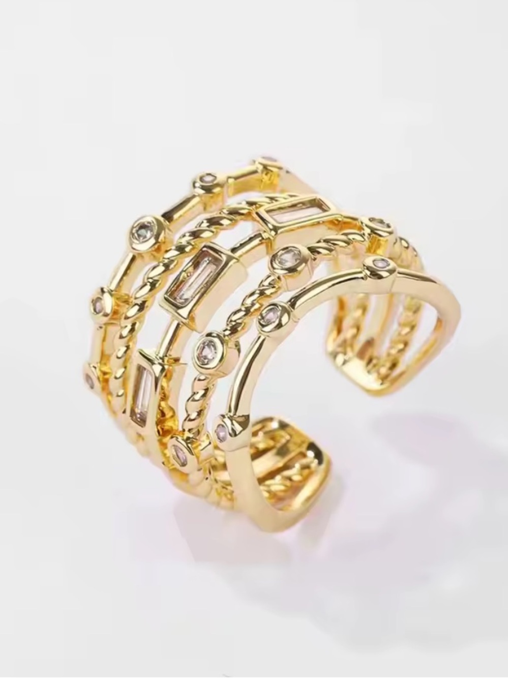 18K Gold Plated Gold Multi-Row Crystal Accent Open Cuff Ring B04-02